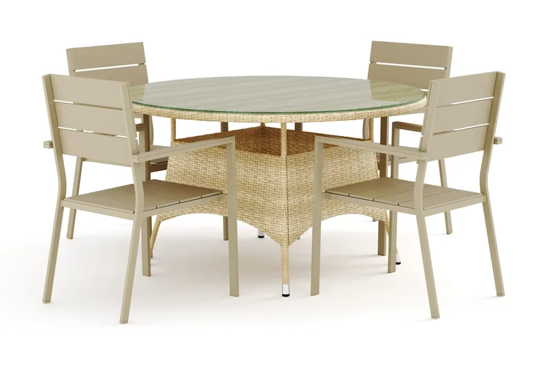 Thor utendørs rund spisegruppe 140 cm med 4 Tunis stablestoler - Beige - Hagemøbler - Hagegruppe - Spisegrupper hage