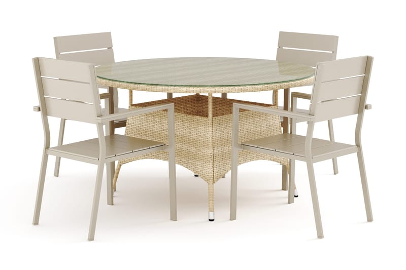 Thor utendørs rund spisegruppe 140 cm med 4 Tunis stablestoler, Beige