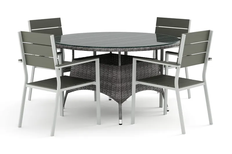 Thor utendørs rund spisegruppe 140 cm med 4 Tunis stablestoler, Grå