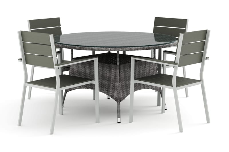 Thor utendørs rund spisegruppe 140 cm med 4 Tunis stablestoler, Grå