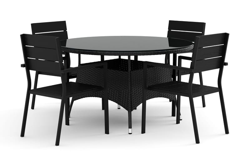 Thor utendørs rund spisegruppe 140 cm med 4 Tunis stablestoler - Svart - Hagemøbler - Hagegruppe - Spisegrupper hage