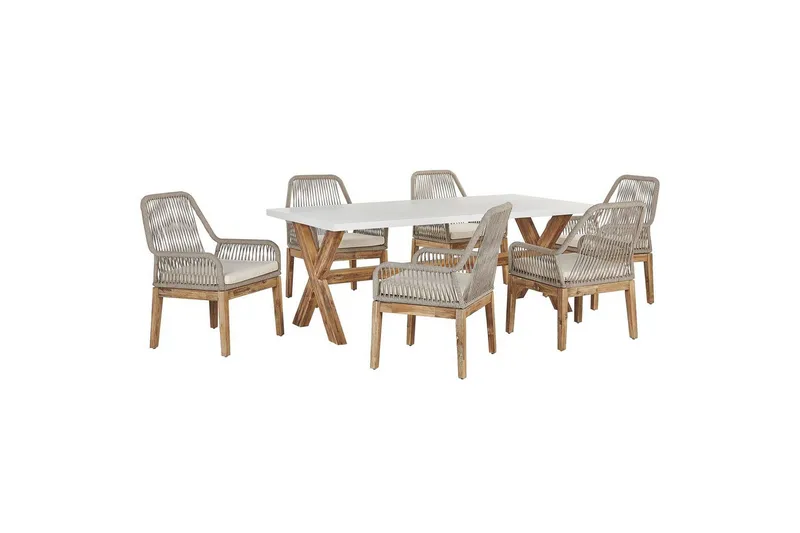 Trädgårdsmöbelset Beliani Olbia 6-sits Krämvit/svart/ljust trä White||Beige||Light wood, undefined