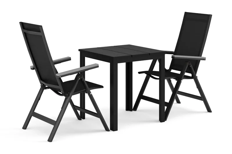 Tunis utendørs cafésett 70x70 cm med 2 Monaco Light regulerbare stoler, Svart/svart