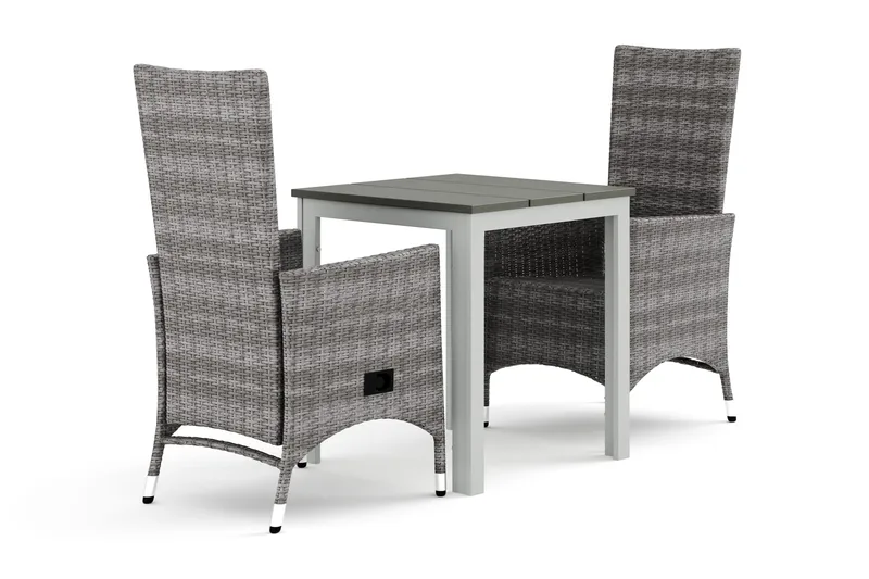 Tunis utendørs caféssett 70x70 cm med 2 Jenny spisestoler, Hvit/Grå