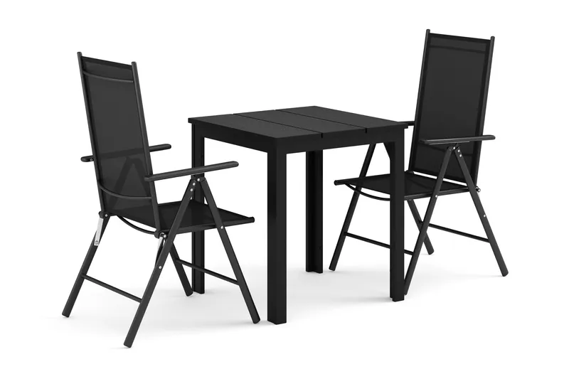 Tunis utendørs caféssett 70x70 cm med 2 Maggie regulerbare stoler - Svart/Svart - Hagemøbler - Hagegruppe - Spisegrupper hage