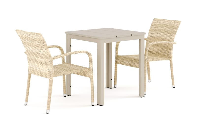 Tunis utendørs caféssett 70x70 cm med 2 Thor Light uterlenestoler, Beige/Beige