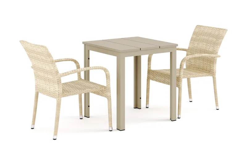 Tunis utendørs caféssett 70x70 cm med 2 Thor Light uterlenestoler, Beige/Beige
