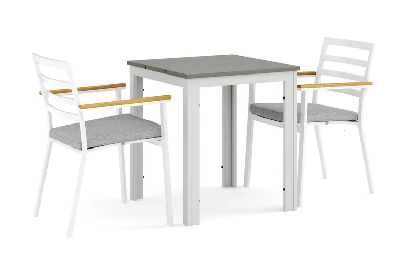 Tunis utendørs kafésett 70x70 cm med 2 Oliver armstoler, Hvit/Grå