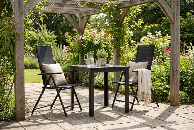 Tunis utendørs kafésett 70x70 cm med 2 Sanna posisjonsstoler - Svart/Svart - Hagemøbler - Balkong - Balkongmøbler - Balkonggrupper