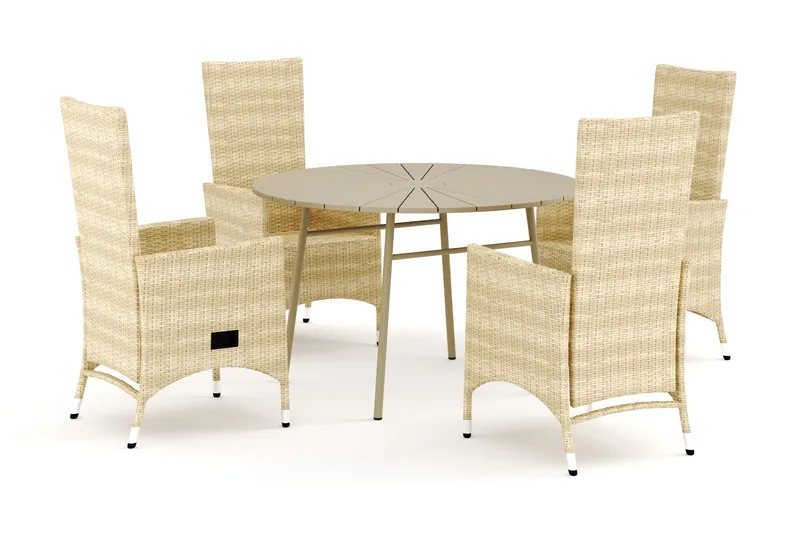 Tunis utendørs rund spisegruppe 120 cm med 4 Jenny spisestoler, Beige/Beige