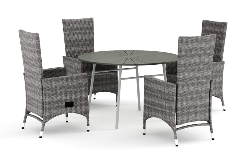 Tunis utendørs rund spisegruppe 120 cm med 4 Jenny spisestoler - Hvit/grå - Hagemøbler - Hagegruppe - Spisegrupper hage