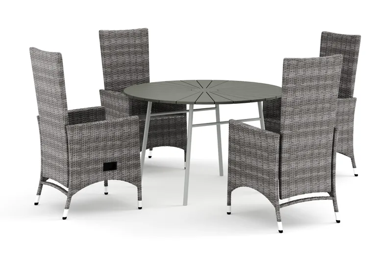 Tunis utendørs rund spisegruppe 120 cm med 4 Jenny spisestoler, Hvit/grå