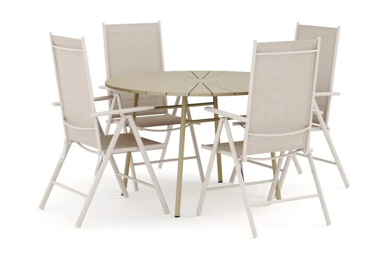 Tunis utendørs rund spisegruppe 120 cm med 4 Maggie regulerbare stoler - Beige/Beige - Hagemøbler - Hagegruppe - Spisegrupper hage