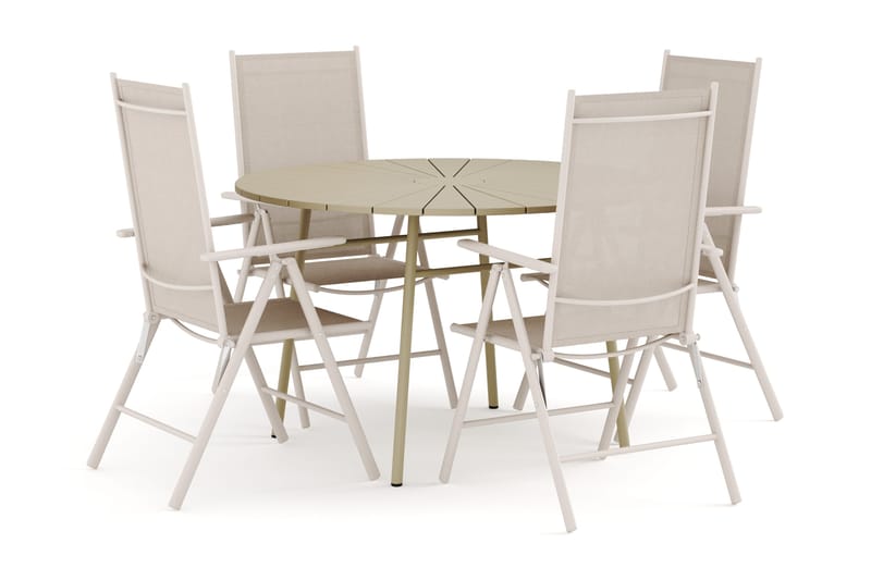 Tunis utendørs rund spisegruppe 120 cm med 4 Maggie regulerbare stoler, Beige/Beige