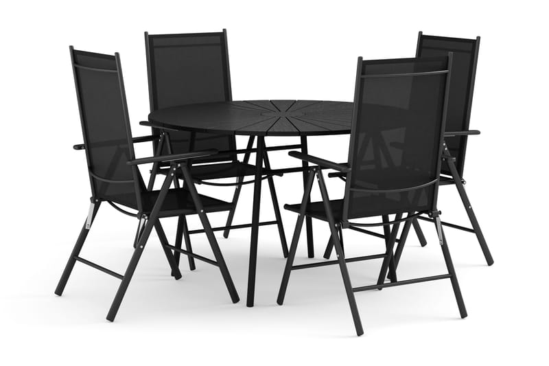 Tunis utendørs rund spisegruppe 120 cm med 4 Maggie regulerbare stoler - Svart/Svart - Hagemøbler - Hagegruppe - Spisegrupper hage