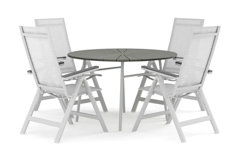 Tunis utendørs rund spisegruppe 120 cm med 4 Monaco Light regulerbare stoler, Hvit/Grå