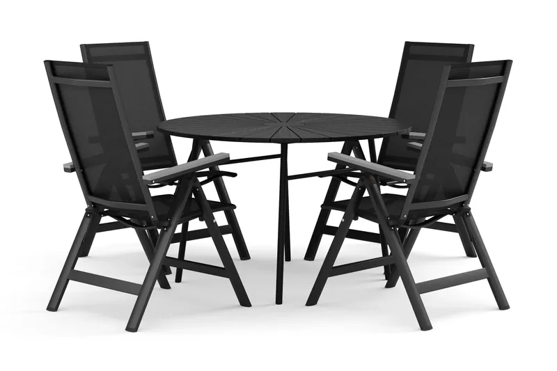 Tunis utendørs rund spisegruppe 120 cm med 4 Monaco Light posisjonsstoler - Svart/Svart - Hagemøbler - Hagegruppe - Spisegrupper hage