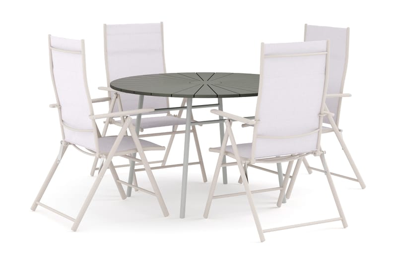 Tunis utendørs rund spisegruppe 120 cm med 4 regulerbare stoler, Hvit/grå