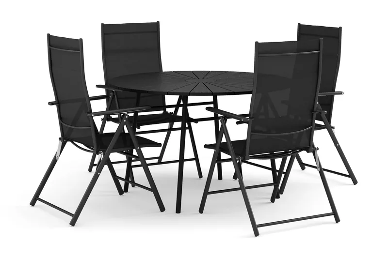 Tunis utendørs rund spisegruppe 120 cm med 4 regulerbare stoler - Svart/svart - Hagemøbler - Hagegruppe - Spisegrupper hage