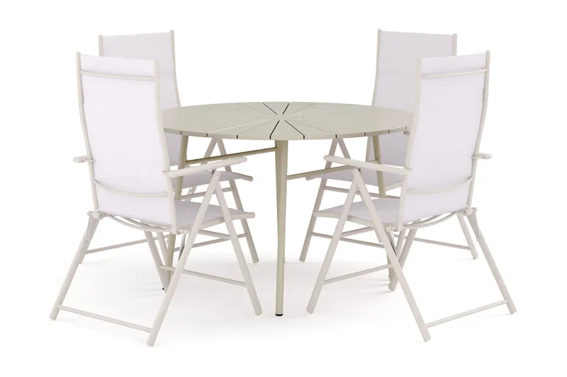 Tunis utendørs rund spisegruppe 120 cm med 4 Sanna regulerbare stoler, Beige/Beige