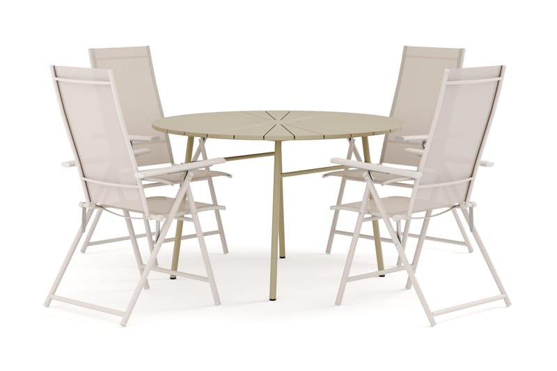 Tunis utendørs rund spisegruppe 120 cm med 4 Sanna regulerbare stoler, Beige/Beige