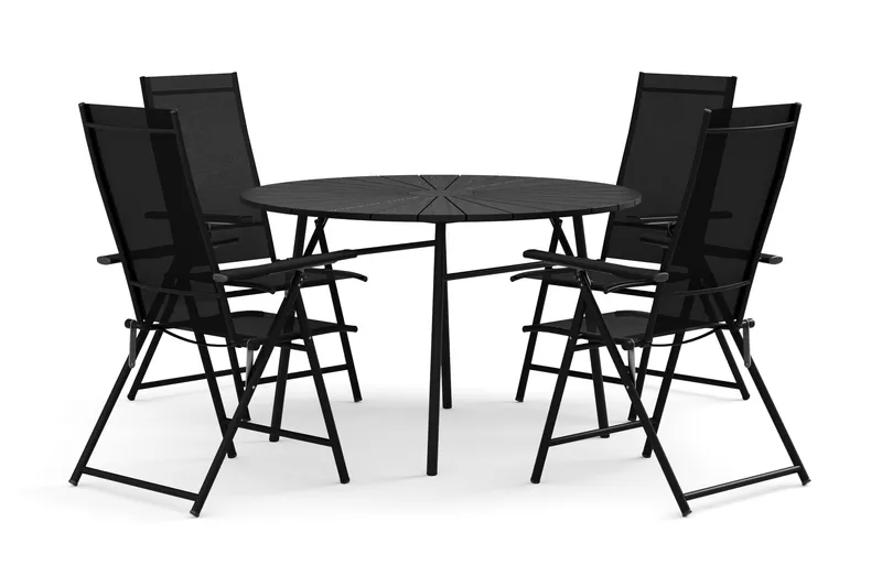 Tunis utendørs rund spisegruppe 120 cm med 4 Sanna regulerbare stoler - Svart/Svart - Hagemøbler - Hagegruppe - Spisegrupper hage