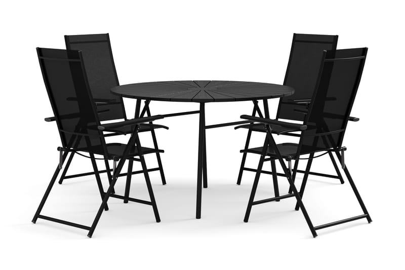 Tunis utendørs rund spisegruppe 120 cm med 4 Sanna regulerbare stoler, Svart/Svart