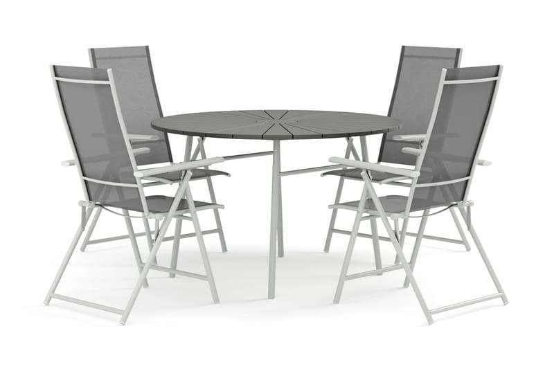 Tunis utendørs rund spisegruppe 120 cm med 4 Sanna posisjonsstoler, Hvit/Grå