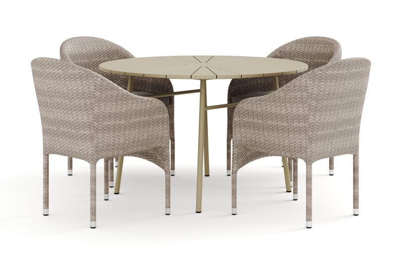 Tunis utendørs rund spisegruppe 120 cm med 4 Thor lenestoler - Beige/Beige - Hagemøbler - Hagegruppe - Spisegrupper hage