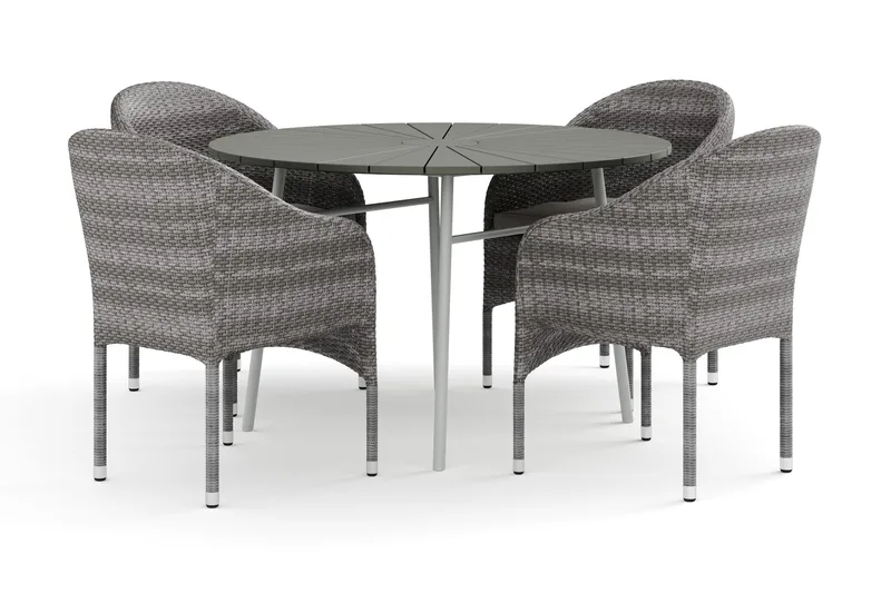 Tunis utendørs rund spisegruppe 120 cm med 4 Thor lenestoler, Hvit/grå