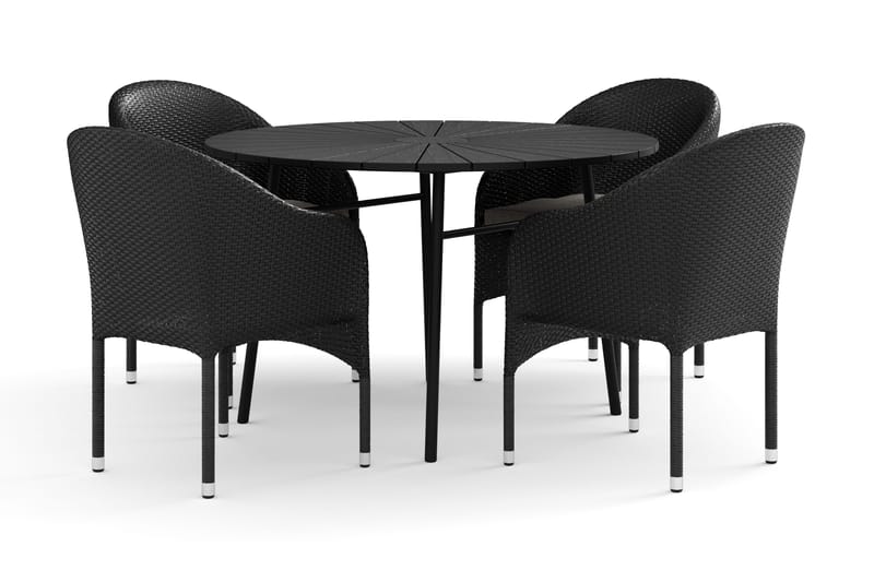 Tunis utendørs rund spisegruppe 120 cm med 4 Thor lenestoler, Svart/Svart