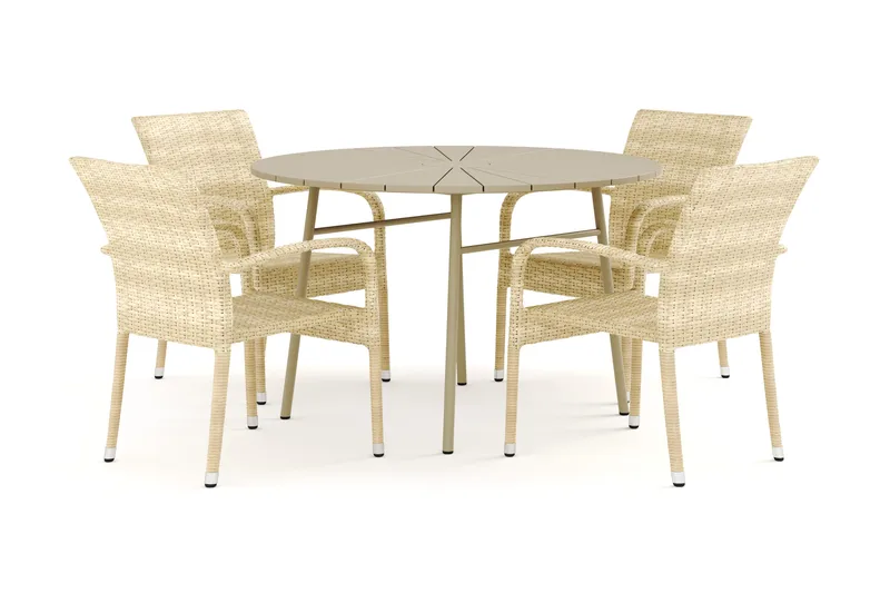 Tunis utendørs rund spisegruppe 120 cm med 4 Thor Light utelenestoler, Beige/beige