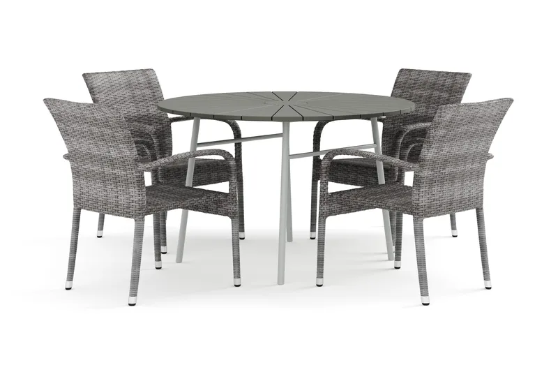 Tunis utendørs rund spisegruppe 120 cm med 4 Thor Light uterlenestoler - Hvit/Grå - Hagemøbler - Hagegruppe - Spisegrupper hage