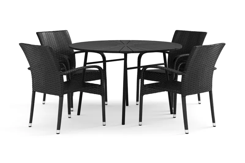Tunis utendørs rund spisegruppe 120 cm med 4 Thor Light uterlenestoler - Svart/Svart - Hagemøbler - Hagegruppe - Spisegrupper hage