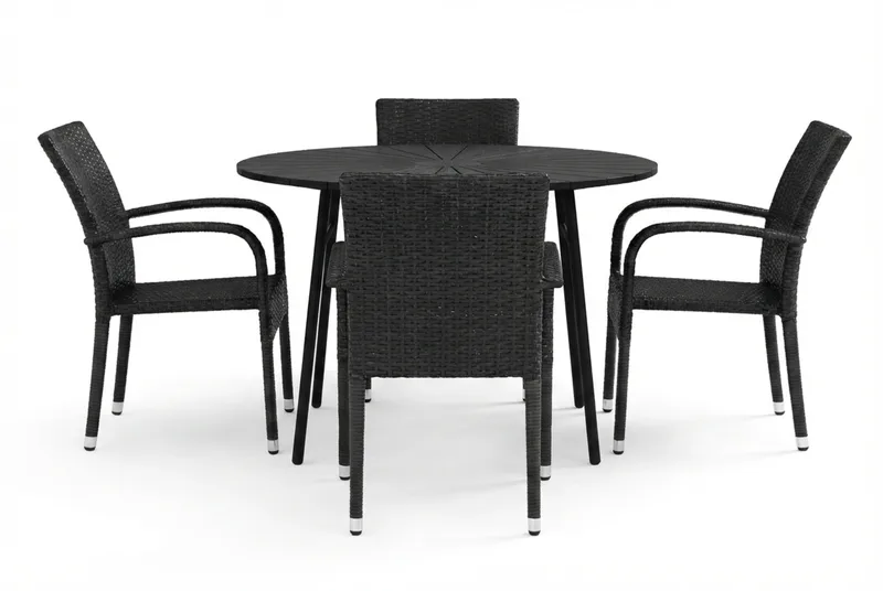 Tunis utendørs rund spisegruppe 120 cm med 4 Thor Light uterlenestoler - Svart/Svart - Hagemøbler - Hagegruppe - Spisegrupper hage