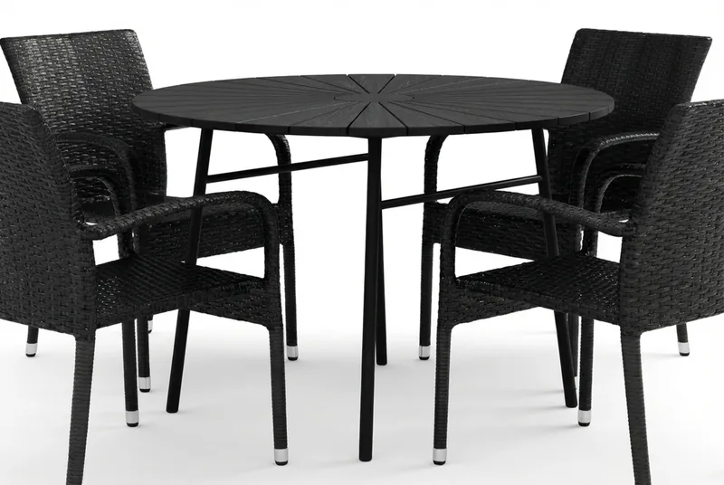 Tunis utendørs rund spisegruppe 120 cm med 4 Thor Light uterlenestoler - Svart/Svart - Hagemøbler - Hagegruppe - Spisegrupper hage