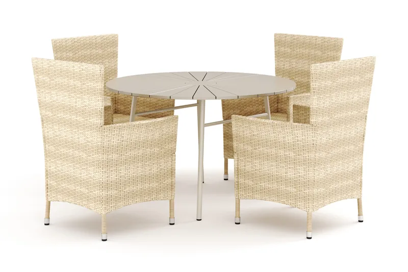 Tunis utendørs rund spisegruppe 120 cm med 4 Thor utendørs lenestoler, Beige/Beige