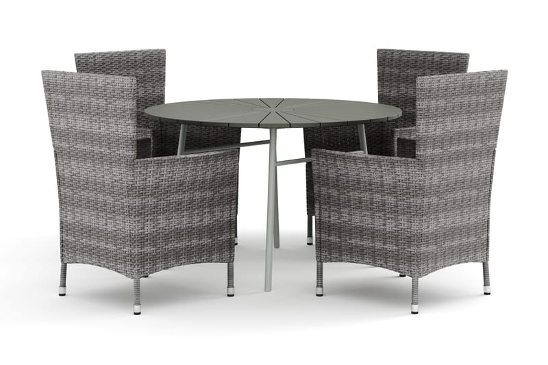 Tunis utendørs rund spisegruppe 120 cm med 4 Thor utendørs lenestoler, Hvit/Grå