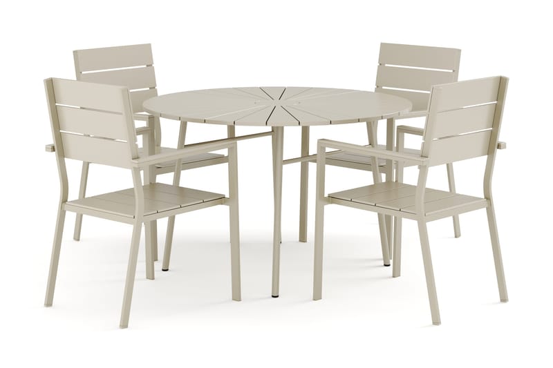 Tunis utendørs rund spisegruppe 120 cm med 4 Tunis stablebare stoler, Beige/beige
