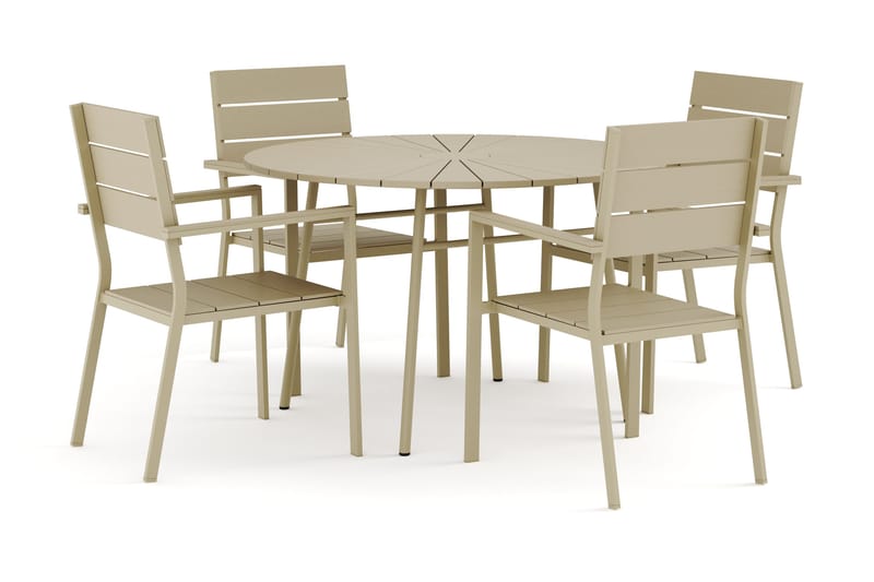 Tunis utendørs rund spisegruppe 120 cm med 4 Tunis stablebare stoler, Beige/beige