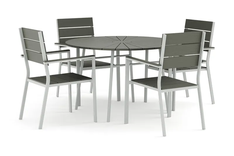 Tunis utendørs rund spisegruppe 120 cm med 4 Tunis stablebare stoler, Hvit/grå