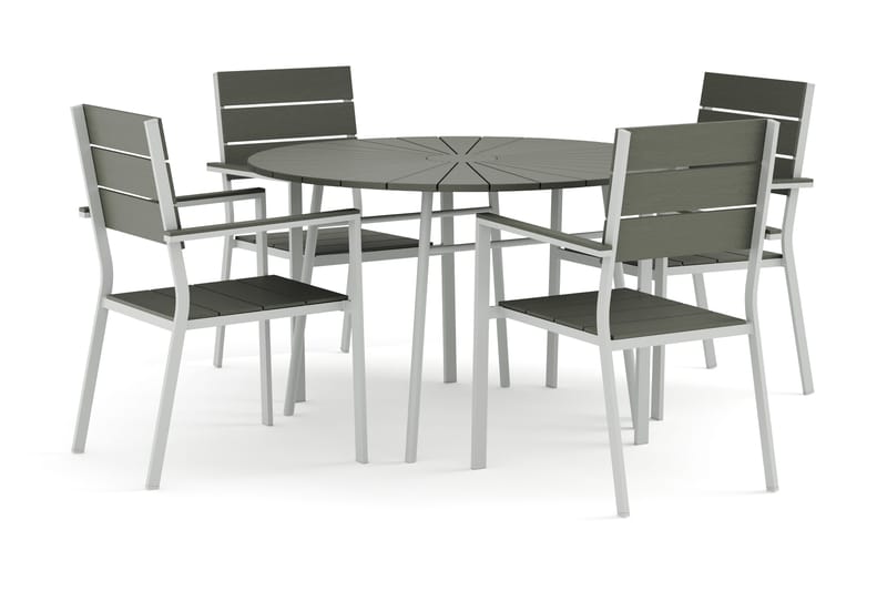 Tunis utendørs rund spisegruppe 120 cm med 4 Tunis stablebare stoler, Hvit/grå