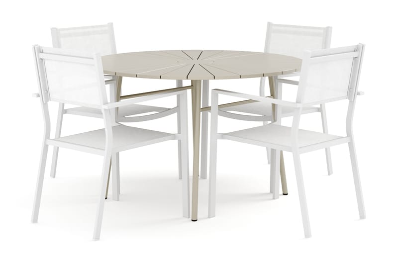 Tunis utendørs rund spisegruppe 120 cm med 4 Tunis stablestoler, Hvit/Grå