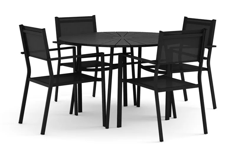 Tunis utendørs rund spisegruppe 120 cm med 4 Tunis stablestoler, Svart/Svart