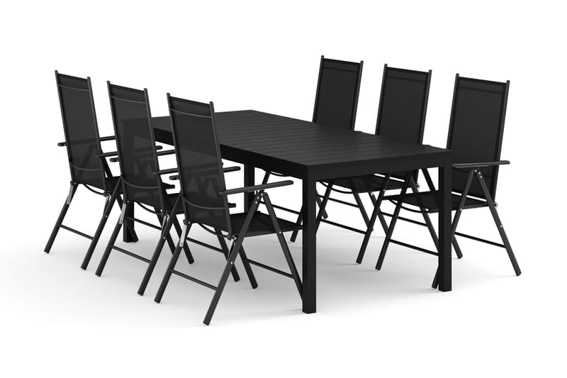 Tunis utendørs spisegruppe, uttrekkbar, 205/305x90 cm med 6 Maggie regulerbare stoler - Svart/svart - Hagemøbler - Hagegruppe - Spisegrupper hage