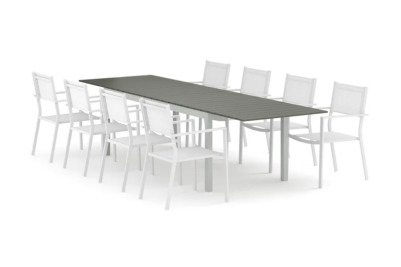 Tunis utendørs spisegruppe, uttrekkbar, 205/305x90 cm med 8 Tunis stablestoler, Hvit/Grå