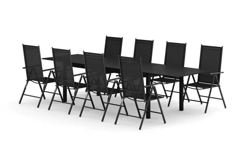 Tunis utendørs spisegruppe, uttrekkbar 205/305x90 cm, med 8 Maggie regulerbare stoler - Svart/Svart - Hagemøbler - Hagegruppe - Spisegrupper hage