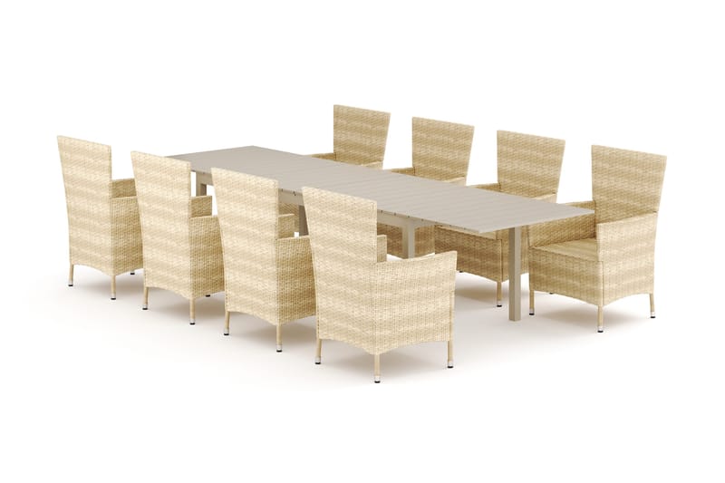 Tunis utendørs spisegruppe, uttrekkbar 205/305x90 cm, med 8 Thor lenestoler, Beige/Beige