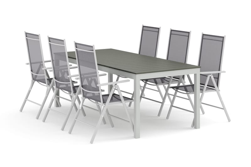 Tunis utendørs spisegruppe, uttrekkbar 205/305x90 cm med 6 Maggie regulerbare stoler, Hvit/grå