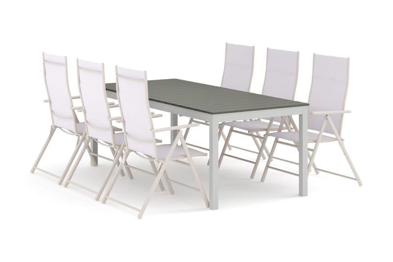 Tunis utendørs spisegruppe, uttrekkbar 205/305x90 cm med 6 regulerbare stoler, Hvit/Grå